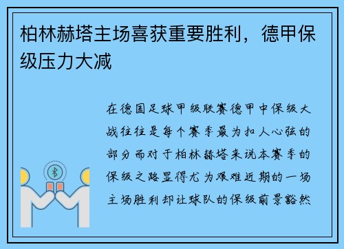 柏林赫塔主场喜获重要胜利，德甲保级压力大减